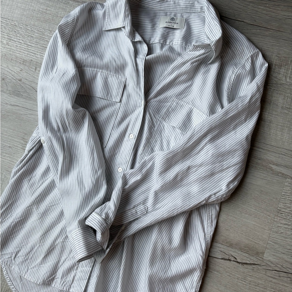 Aritzia Babaton White and Black Pinstripe Shirt